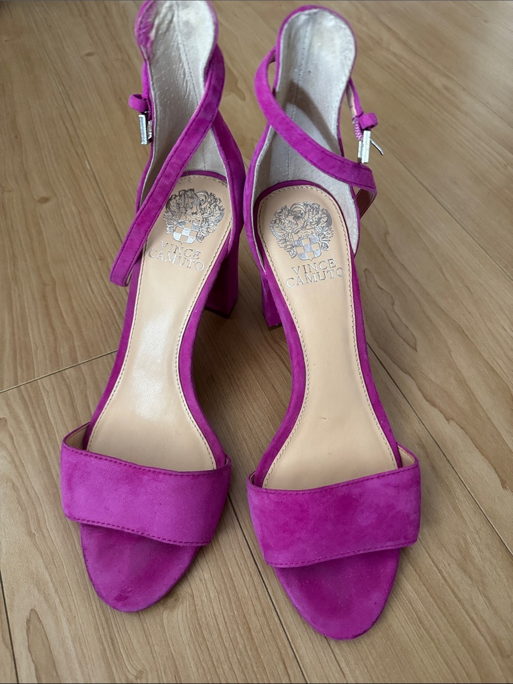 Vince Camuto Bright Fuchsia Suede Block Heel Sandals